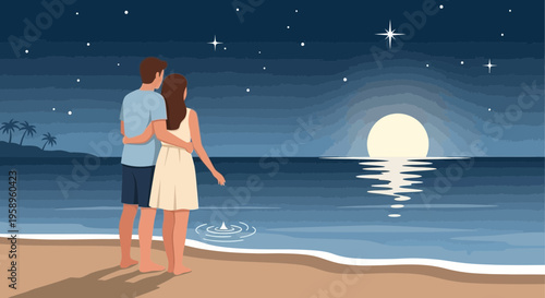 Couple watching moonlit ocean, starry night sky, romantic beach scene