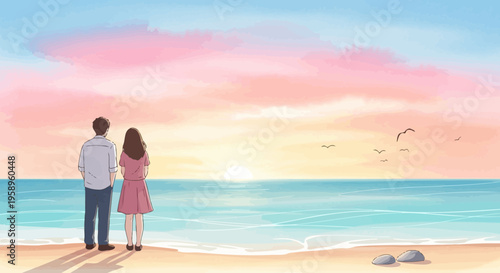 Couple watching sunset on beach, romantic moment, sea and sky