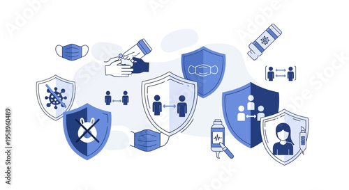 COVID-19 Prevention Icons: Social Distancing, Masks, Sanitizer, Vaccination, Protection Shields