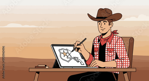 Cowboy artist drawing a sheriff badge and pistol on a tablet in the desert