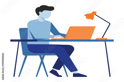 Modern flat vector illustration of a man working on a laptop at a desk with a desk lamp.