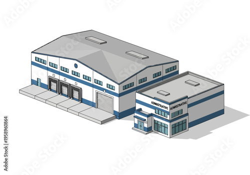 Isometric 3D illustration of a modern industrial warehouse and office building