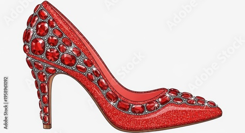 Red jeweled high heel shoe on white background.