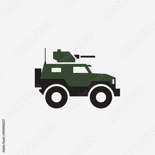 Military vehicle with turret and gun, army transport