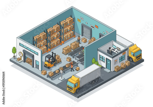 Isometric illustration of a modern logistics and distribution warehouse with forklifts, conveyor belts, and delivery trucks