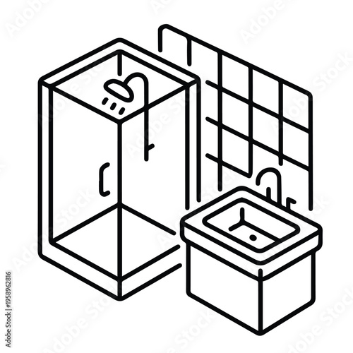 A vector illustration of a modern bathroom interior in black and white, featuring clean lines, minimal fixtures, and a sleek layout that reflects simplicity and elegance.