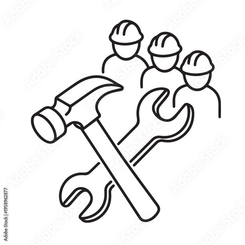 A vector icon set of a hammer, wrench, and three workers wearing safety helmets, representing industrial labor, teamwork, and construction work in a clean modern style.
