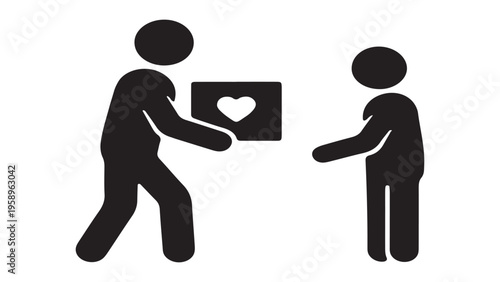Person giving a donation box with a heart symbol to someone in need, charity and community support concept.