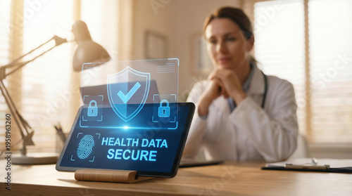 Wallpaper Mural Health data security concept with doctor and secure tablet display Torontodigital.ca