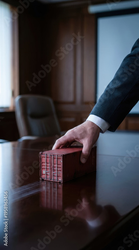 Supply chain disruption strategic crisis management negotiation business hand container office table leadership decision focus tension