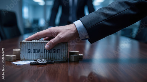 Supply chain disruption strategic crisis management negotiation freight logistics business concept on office table with container gear and contract document under executive control hand
