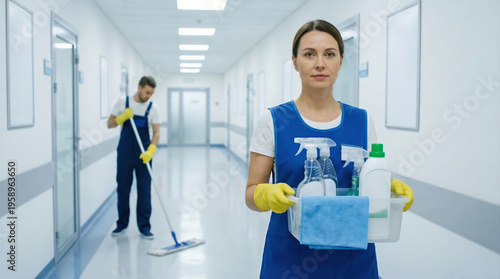 Wallpaper Mural A woman in blue uniform holding a bucket of cleaning supplies in a hospital hallway Torontodigital.ca