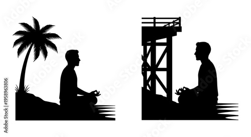 Contrast of solitude and companionship in serene tropical settings Vector, illustration