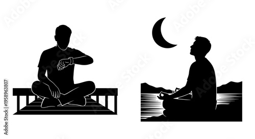 Two individuals practicing mindfulness in different environments at night Vector, illustration