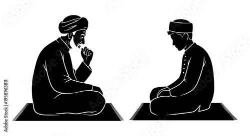 Two individuals engaged in a contemplative and respectful discussion in traditional attire Vector, illustration