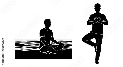 Two yoga poses illustrated for meditation and balance practice. Vector, illustration