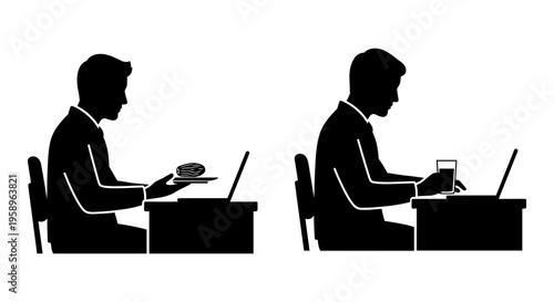 Two professionals working and eating at their desks in contrasting ways Vector, illustration