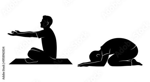 Two yoga poses demonstrating forward bend and child pose variations. Vector, illustration