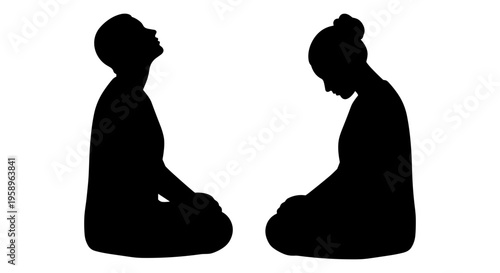 Two individuals in a posture of prayer or contemplation kneeling side by side. Vector, illustration