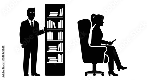 Professional presenting and a person working at a desk with bookshelf nearby Vector, illustration