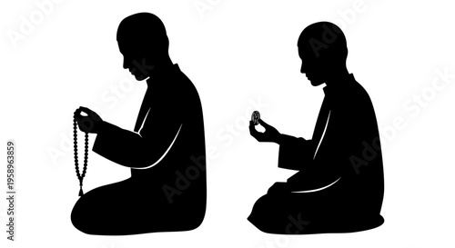 Contrast of traditional prayer and modern digital engagement silhouettes Vector, illustration