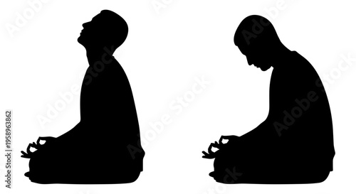Two silhouettes demonstrating traditional islamic prayers and modern smartphone use. Vector, illustration