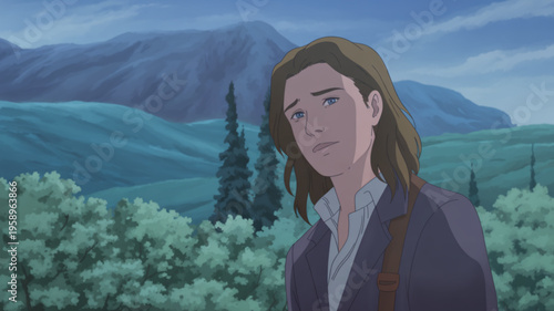 Young woman with long brown hair standing in front of a scenic mountain landscape with trees and bushes