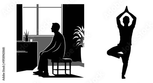 A contrast between sedentary lifestyle and yoga practice at home Vector, illustration