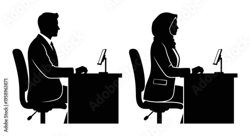 Two professionals working independently at their desks in an office setting Vector, illustration
