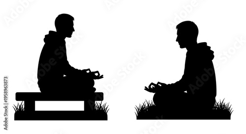 Two individuals in meditation on different surfaces in a serene setting Vector, illustration