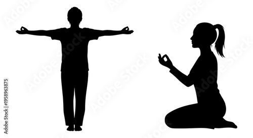 Two individuals demonstrating different meditation hand positions and stances Vector, illustration