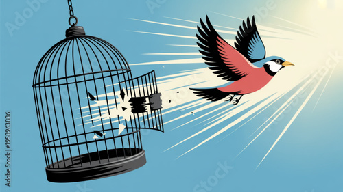 Bird flying out of open cage freedom concept with bright sunlight and blue sky background