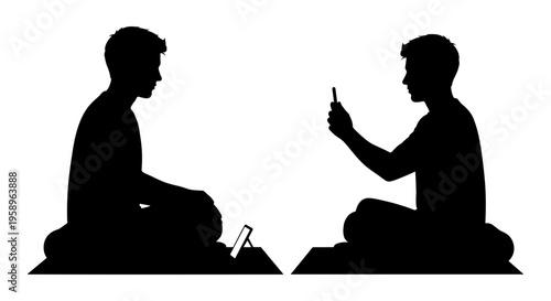 Two individuals engaged in a conversation with one showing something on a device Vector, illustration