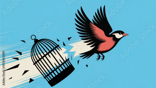 Bird flying out of a broken cage symbolizing freedom and liberation against a blue background