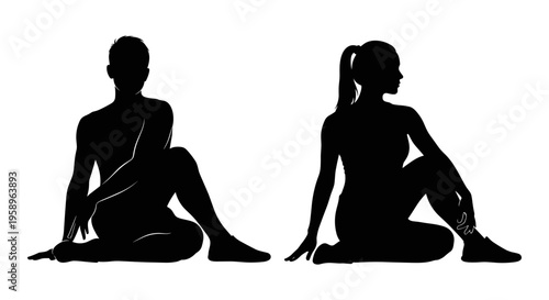 Silhouettes of two individuals in cross-legged sitting poses with differing stances Vector, illustration