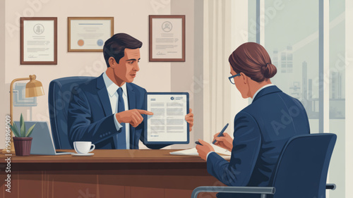 Businessman and woman discussing documents in a modern office setting with laptop and coffee