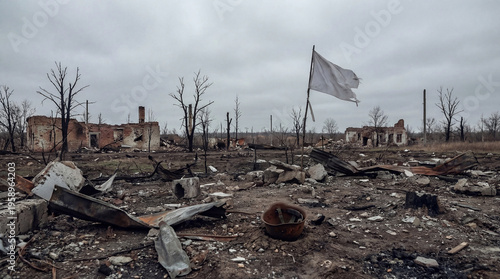 Foto Tattered white flag waves in a desolate, war-torn landscape, symbolizing surrender or peace