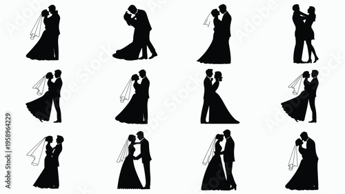 Elegant wedding couples in various romantic poses black silhouettes on white background love and relationship concepts
