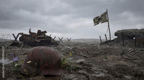 Billede på lærred Rusted World War II helmet and battlefield remnants on a desolate, muddy landscape under a gloomy sky