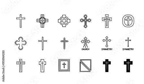 Clean flat vector illustration set of 16 different Christian cross symbols arranged in a neat grid layout on a solid white background, including Latin cross, Celtic cross, Orthodox cross, geometric cr