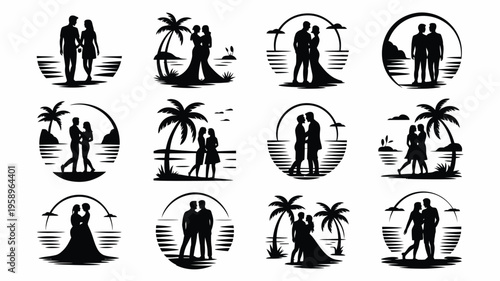 Romantic beach silhouettes of loving couples at sunset with palm trees
