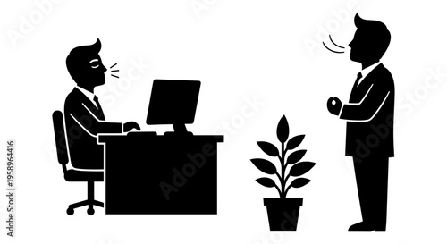 A manager presenting a small plant to a stressed employee at a desk Vector, illustration