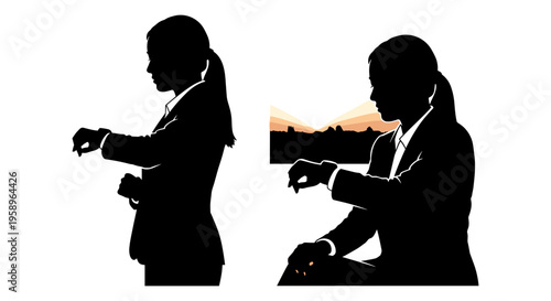 Two silhouettes adjusting wristwatches in contrasting settings Vector, illustration