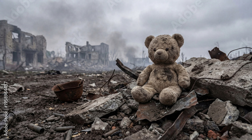 Photos A worn teddy bear sits amidst rubble in a devastated city landscape under a smoky, overcast sky