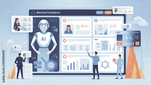 Business professionals interacting with ai interface on large screen display for internal compliance