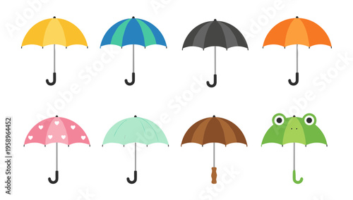 Assorted Colorful Umbrella Icons Set Isolated on White, Protective Rain Gear with Different Patterns Including Hearts Stripes and Frog Design for Kids