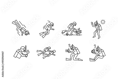 Scuba Diving and Underwater Exploration Line Icons Set, Divers Swimming Taking Photos and Researching Marine Life Outlines Isolated on White Vector