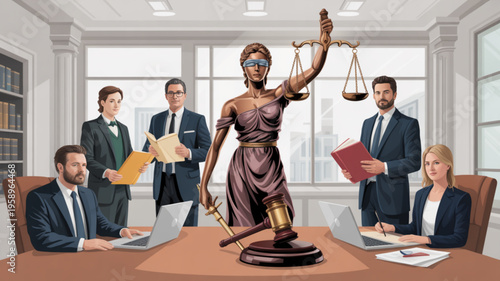 Justice statue with blindfold stands on desk among lawyers and legal documents in modern office setting with large windows