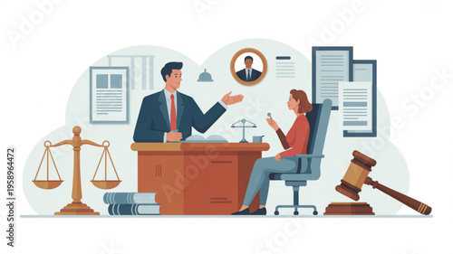 Lawyer and client discussing legal documents in office with judge's gavel and scales of justice