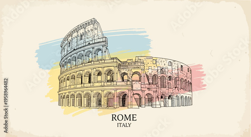 Hand-drawn artistic sketch of the Roman Colosseum with watercolor accents on vintage background